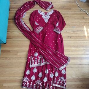 Embroidered Scarlet Salwar Kameez with Dupatta